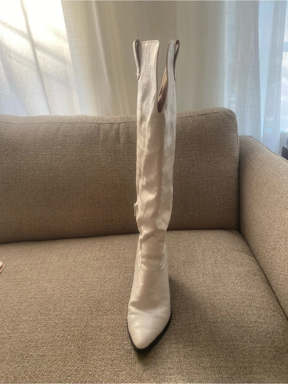 White Knee-High Pointed-Toe Block Heel Boots - Women
